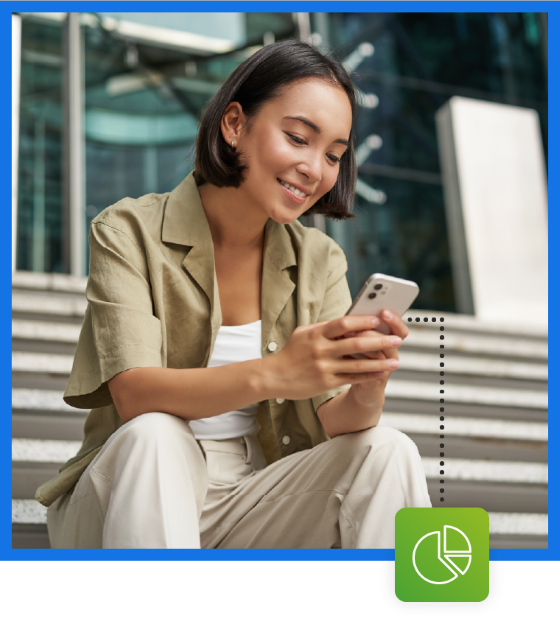 Woman smiling on outdoor steps, using a smartphone, with an overlay icon for data analysis.